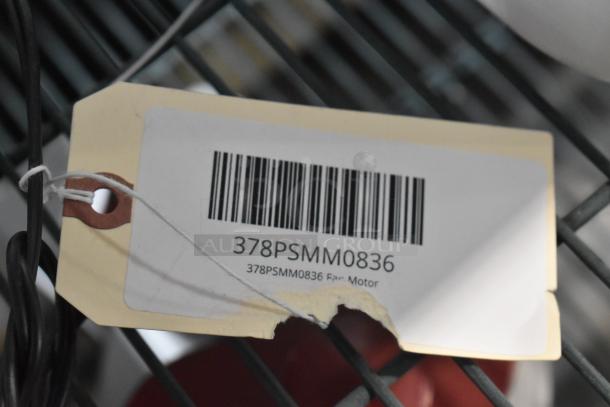 Barcode tag with "378PSMM0836" and "Fan Motor" text. Auction includes brand new AyrKing brush cover, fan motor, Carnival King cam assembly, and Garde can opener base.