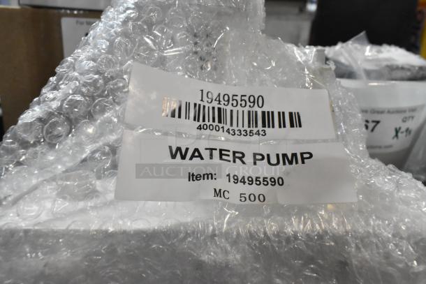 Bubble-wrapped Avantco Ice 19495590 water pump, item MC 500, with barcode and item label visible.