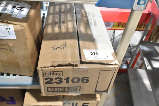 Box of Libbey 23106 Nob Hill 10.5 oz. customizable highball glasses, 35 per case, labeled "Brand New Scratch and Dent".