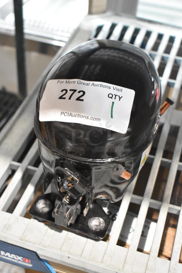 Brand new Cubigel NUT70NR compressor for Avantco series, with scratch and dent condition, includes auction label 272.