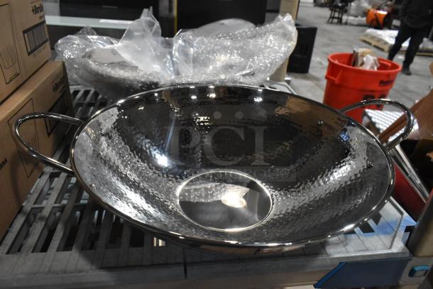 2 brand new Eastern Tabletop 5702 14" 5 Qt. stainless steel hammered woks, scratch and dent condition, dual handles.