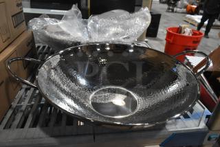2 brand new Eastern Tabletop 5702 14" 5 Qt. stainless steel hammered woks, scratch and dent condition, dual handles.