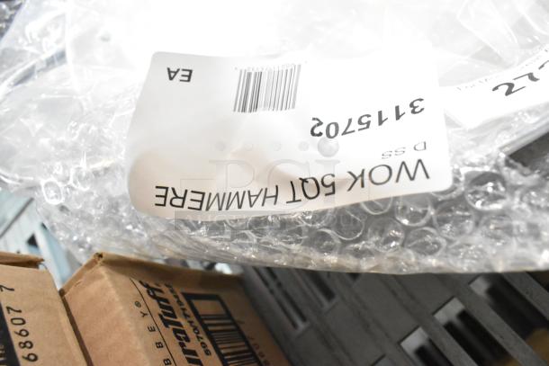 New Eastern Tabletop 5702, 14" 5 Qt. stainless steel hammered wok, scratch and dent. Item 3115702 label shown.