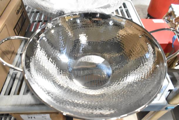 Brand new Eastern Tabletop 5702 14" 5 Qt. stainless steel hammered wok, scratch and dent, with dual handles.