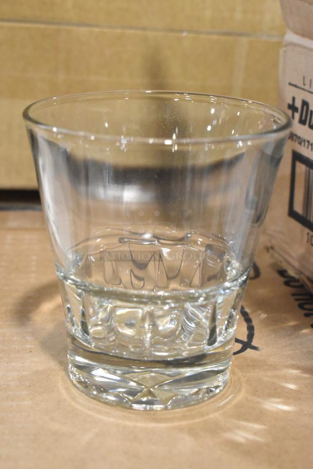 Brand new Libbey 15970 Gallery 11.5 oz. stackable rocks glass, clear glassware, customizable, 12 per case, slight cosmetic flaws.