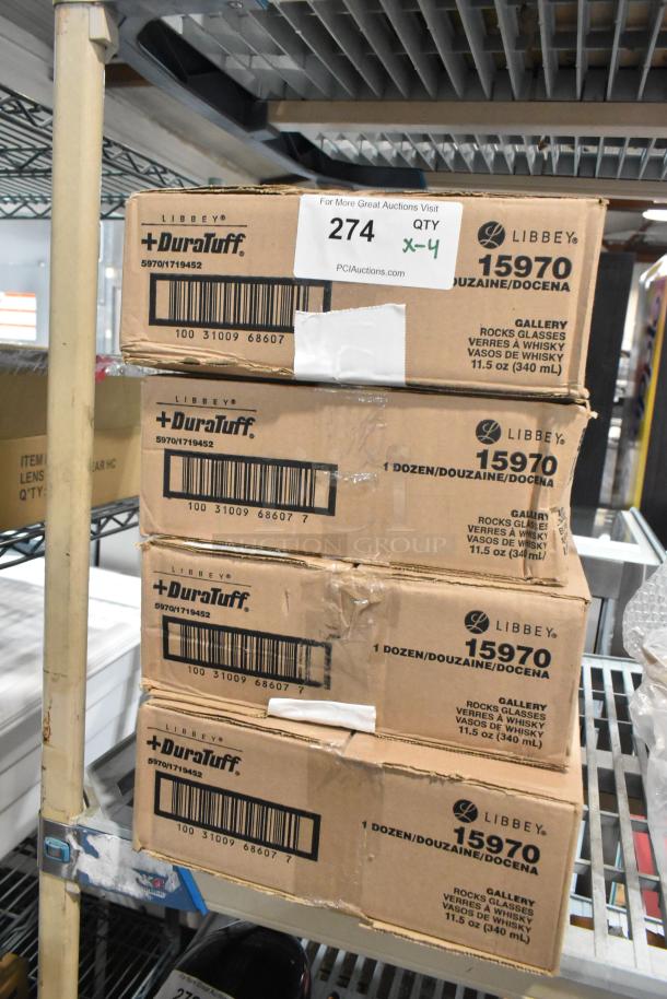 Boxes of 12 Libbey 15970 Gallery 11.5 oz. stackable rocks glasses, new scratch and dent condition, labeled for auction.