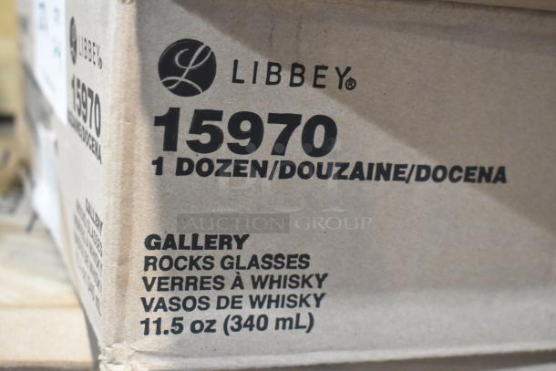 Libbey 15970 Gallery 11.5 oz stackable rocks glasses box, brand new, customizable, 12 per case, labeled in English, French, Spanish.