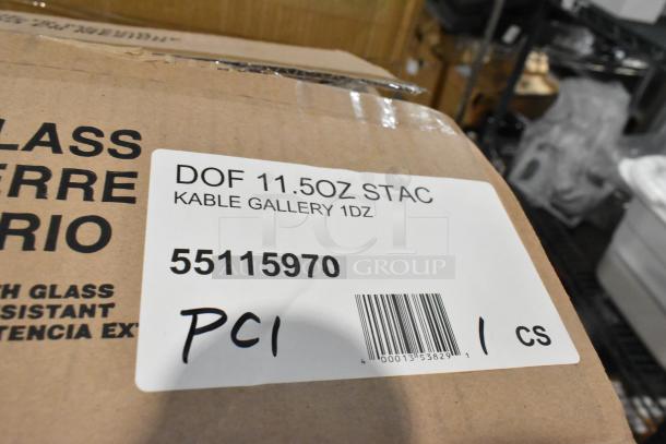 Libbey 15970 Gallery 11.5 oz. stackable rocks glasses, 12 per case, customizable, new scratch and dent, label showing model and barcode.