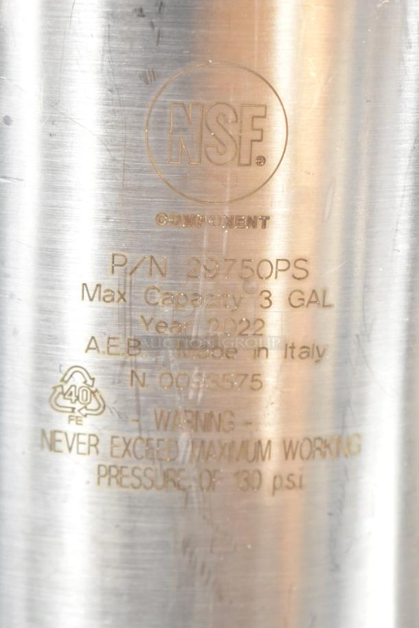NSF component tag with P/N 29750PS, 3-gallon capacity, made in Italy, year 2022, warns not to exceed 130 psi.