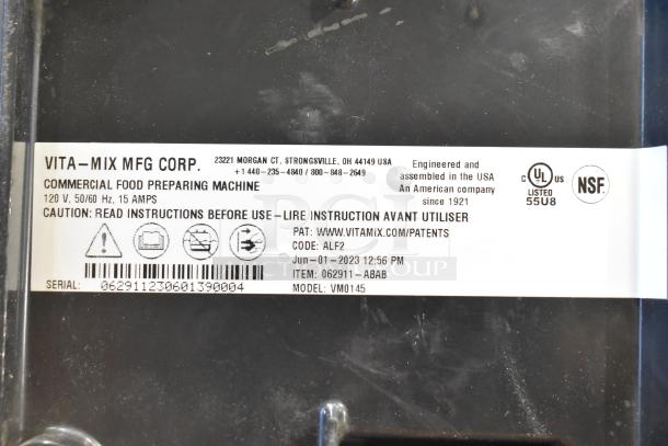 VitaMix VM0145 Metal Countertop Blender label showing model, serial number, and voltage. Includes NSF and UL certifications.