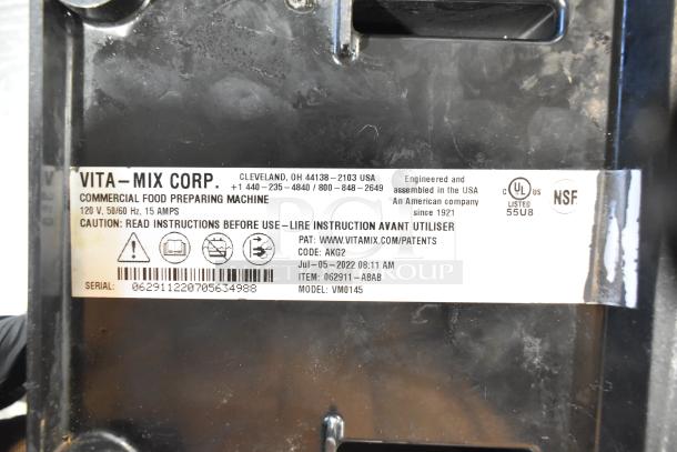Label of VitaMix VM0145 Blender with sound enclosure details, 120V, 1 phase, commercial food preparing machine, serial number visible.