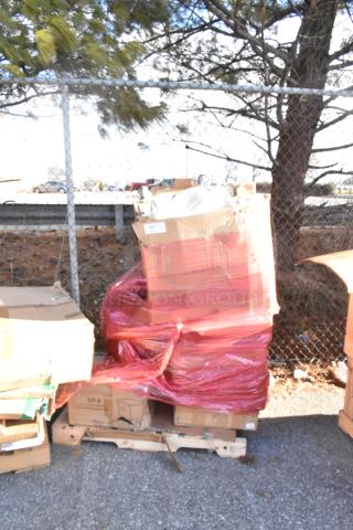 Palette with 6 new items, including BK-MIB-2422 stainless ice bin, GT-8 grease trap, and Rubbermaid caster kit, wrapped in red plastic.