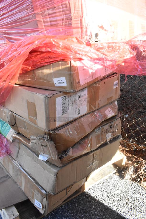 Six brand new items in boxes, including BK-MIB-2422 stainless steel ice bin, GT-8 grease trap, Rubbermaid caster kit.