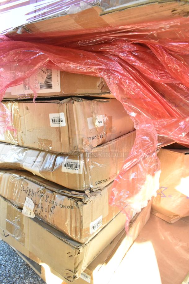 Six brand new items, including BK-MIB-2422 stainless ice bin, GT-8 grease trap, Rubbermaid FG4436M10000 caster kit in sealed boxes.