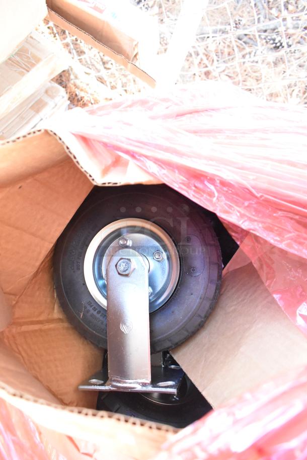 Rubbermaid Platform Truck Replacement Caster Kit in new condition, visible in a cardboard box with protective plastic wrapping.