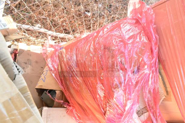 Six brand new items wrapped in red plastic, including BK-MIB-2422 stainless steel ice bin and GT-8 grease trap.