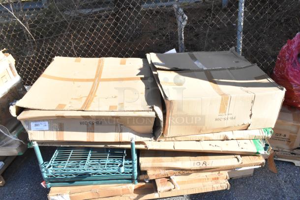 15 new items in boxes including John Boos PB-SS-208 portable soak sink with 8"D bowl, drain, wire shelves, and Metro poles.