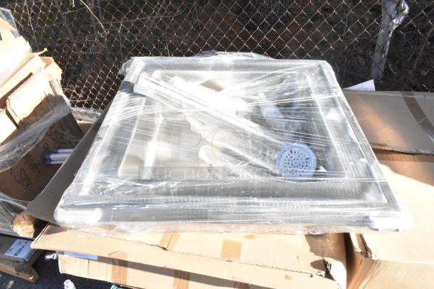 15 brand new items including John Boos PB-SS-208 portable soak sink with 8"D bowl. Sealed in plastic, includes wire shelves.