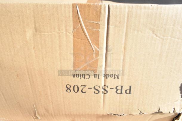 Cardboard box labeled "PB-SS-208, Made in China." Box likely contains new John Boos PB-SS-208 sink. Box shows some wear.