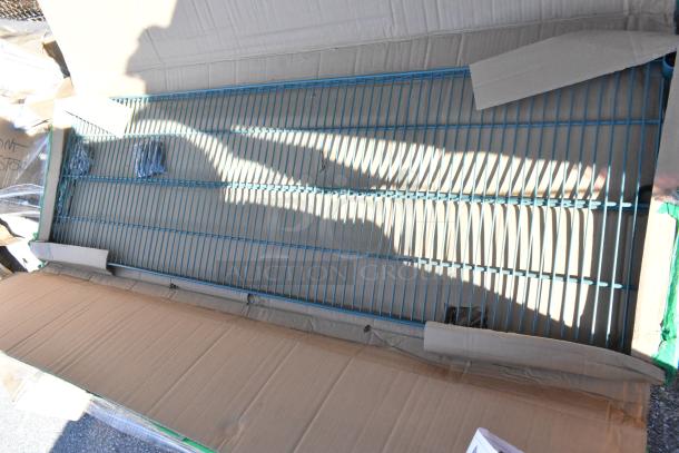 Brand new blue wire shelf part of auction lot with John Boos PB-SS-208 sink, Metro poles. Boxed, perfect condition.