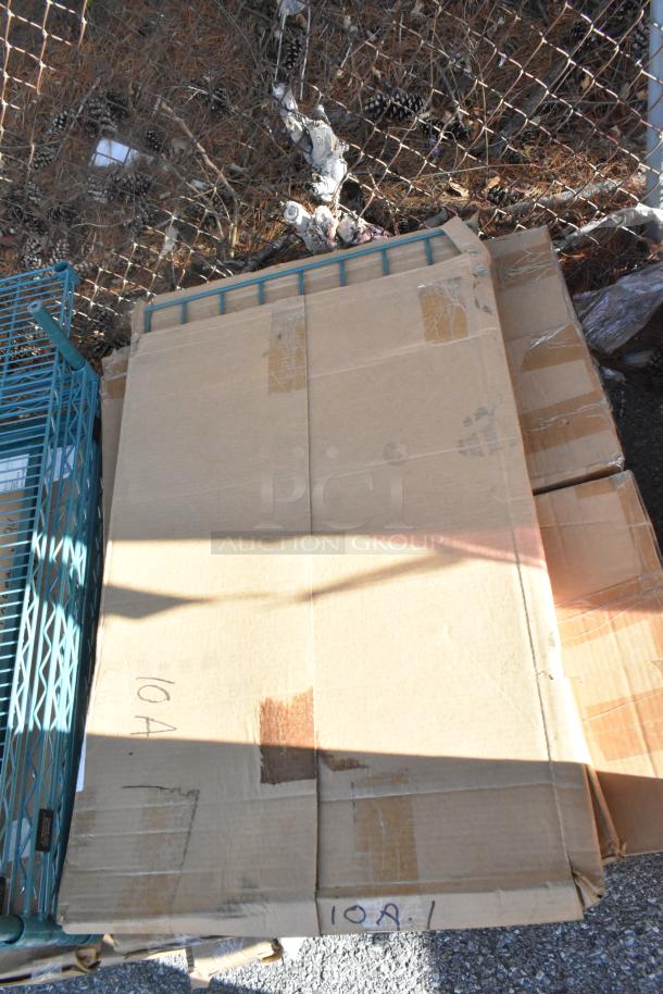 Cardboard box containing John Boos PB-SS-208 20"H soak sink set, featuring 8"D bowl, drain, wire shelves, and Metro poles. Brand new.