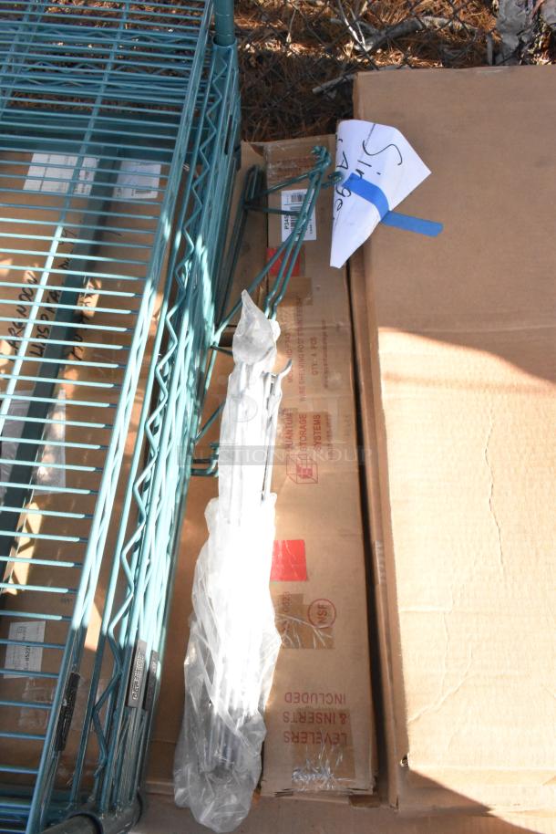 Brand new John Boos PB-SS-208 portable soak sink with 8" deep bowl, wire shelves, and Metro poles, packaged and ready.