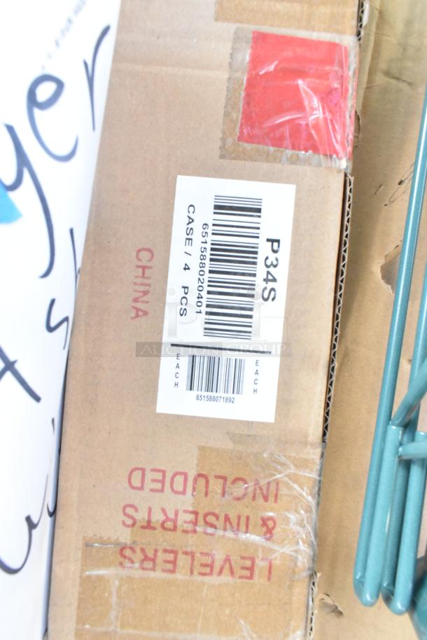 Cardboard box with barcode label "P34S" and text "CASE / 4 PCS" and "CHINA." Box includes cardboard inserts and leveling pieces.