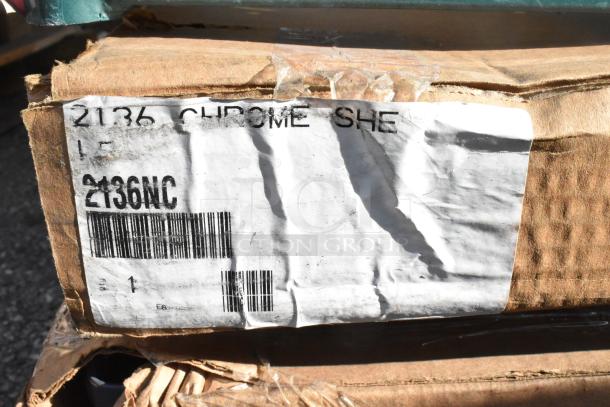 Cardboard box with a label reading "2136 CHROME SHE 2136NC" and barcode, related to John Boos portable soak sink set.