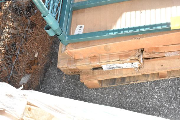 Collection of boxed items including John Boos PB-SS-208 soak sink with shelves and poles, new condition, on a pallet.