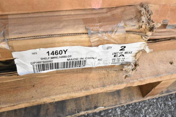 Cardboard packaging with label reading "Part# 1460Y, Shelf; Wire; 14x60; GB. Qty 2, Made in China." Packaging shows slight wear.