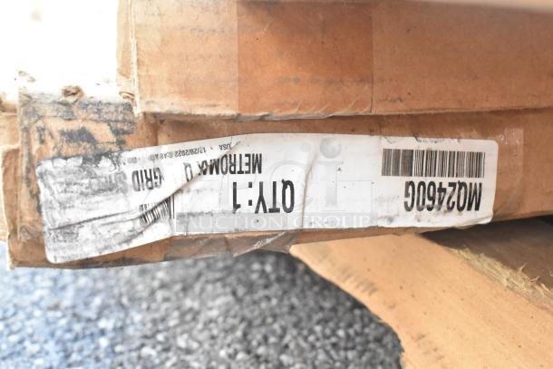 Cardboard box with a shipping label showing quantity "QTY: 1" and a product code. Part of 15 new items including John Boos soak sink.
