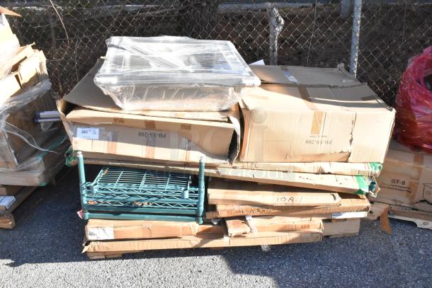 15 brand new items including John Boos PB-SS-208 20"H soak sink with 8"D bowl, drain connection, wire shelves, and Metro poles.