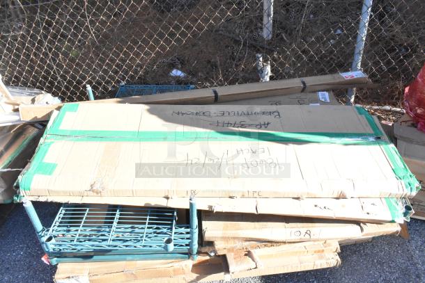 15 brand new boxed items including John Boos PB-SS-208 portable soak sink, wire shelves, drain connection, Metro poles.