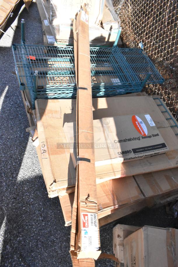 15 brand new items including John Boos portable soak sink with wire shelves and Metro poles, boxed and stacked on pallets.