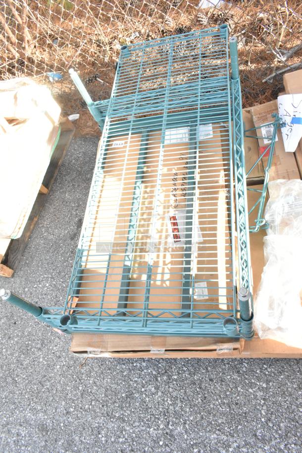 15 new items including John Boos PB-SS-208 soak sink, wire shelves, Metro poles shown on pallets.