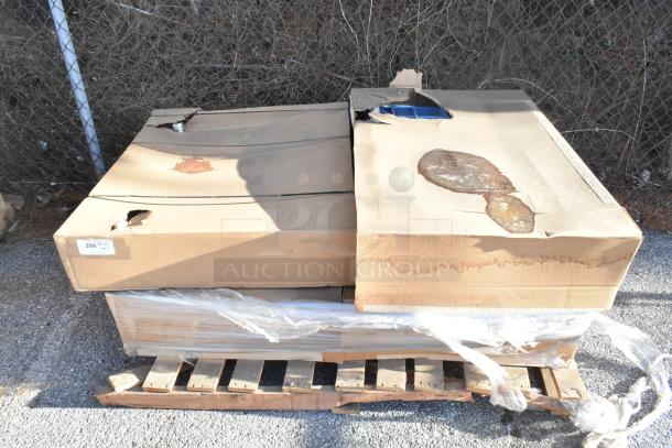 New items including a machine stand and Metro BC2636-3DMB utility cart, packaged on a pallet with some box damage.