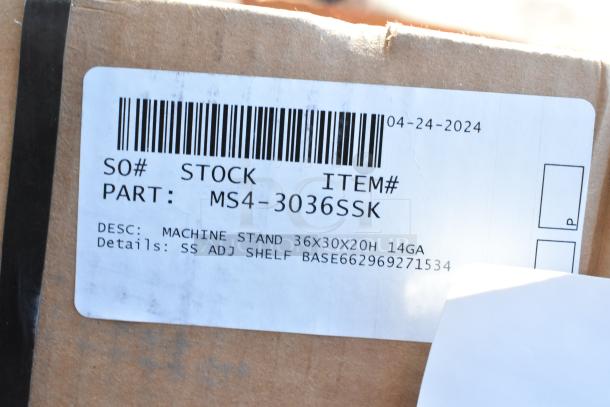 Cardboard box with label for new Machine Stand, part MS4-3036SSK, 36x30x20 inches, with adjustable shelf base.