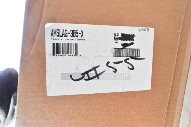 Label on box for Advance Tabco KMSLAG-305-X stainless steel work table with 5" backsplash, new condition, model and barcode visible.