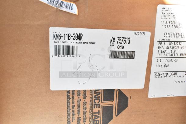 Advance Tabco KMS-11B-304R Work Table label, details: 16x20x12 sink right, barcode, model number, shipment info.