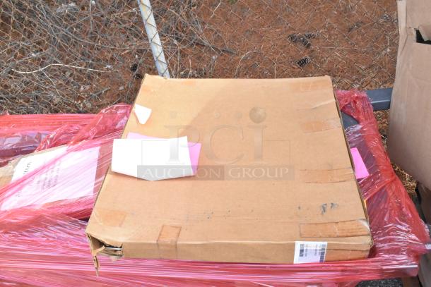 12 brand new items, including oven rack, Metro SMA24A-ADD 24" shelf arm, and Metro 2460DRK3 dunnage shelf in packaging.