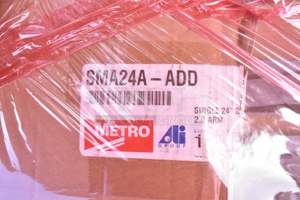 Packaged Metro SMA24A-ADD 24" SmartLever™ Single Shelf Arm with shipping label visible. 12 new items including oven rack.