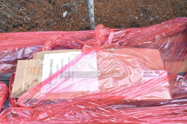 12 brand new items, including an oven rack, Metro SMA24A-ADD shelf arm, Metro 2460DRK3 shelf, wrapped in red plastic.