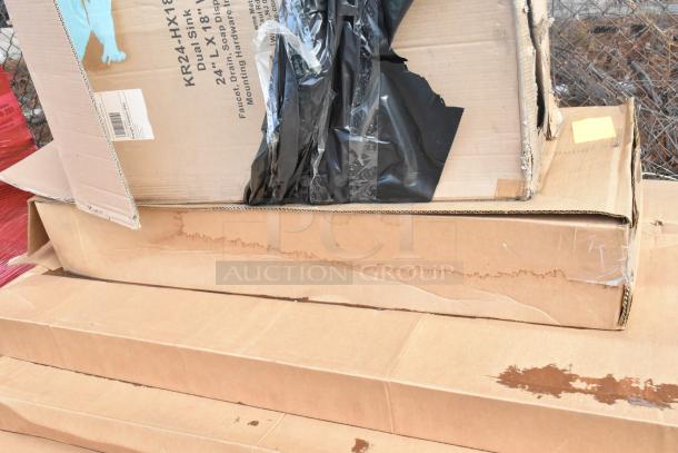 8 brand new items in boxes, including a Krowne KR24-HX18 dual sink, Metro MQ2148G shelf, and SC-72 pot rack; packaging visible.