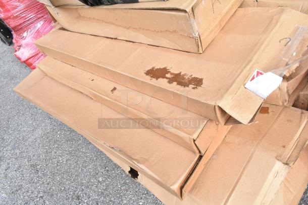 Cardboard boxes containing 8 brand new items, including Krowne KR24-HX18 Dual Sink and Metro MQ2148G Shelf, on asphalt.