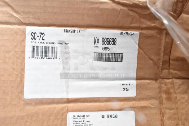 Label on brown packaging for SC-72 pot rack, showing item details and barcodes. New condition.