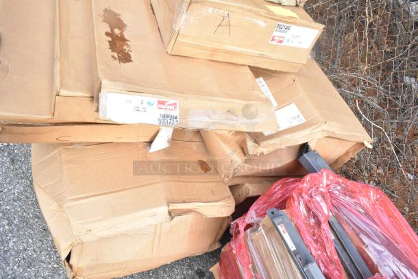 Eight brand new items in boxes, including Krowne KR24-HX18 Dual Sink, Metro MQ2148G Shelf, SC-72 Pot Rack.