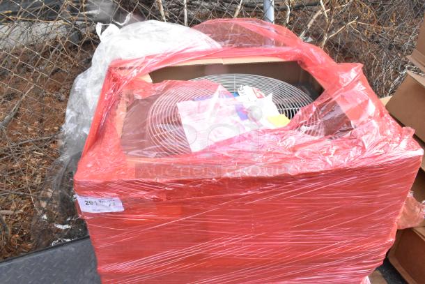 Brand new Manitowoc JCT1200 ice machine condenser, 208/230V, wrapped in red plastic. Includes three items.