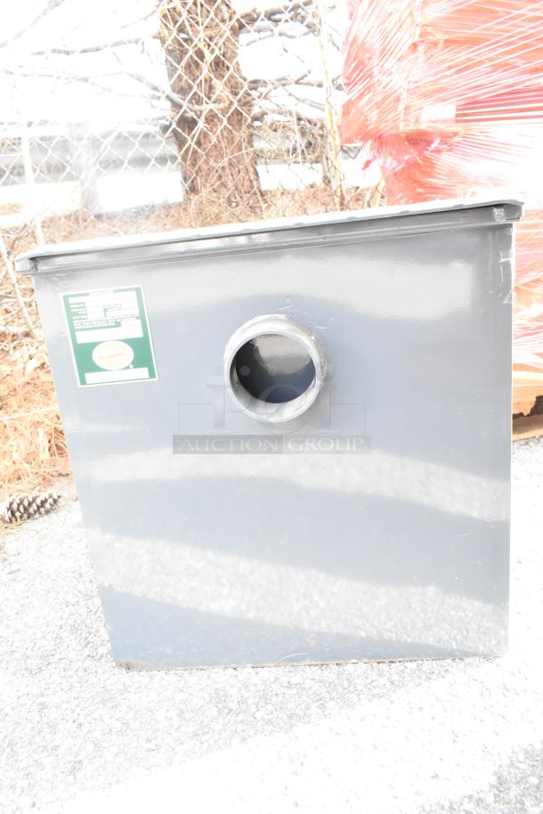 Brand new BK Resources BK-GT-10 grease trap with minor scratches, single inlet, and visible label indicating specifications.