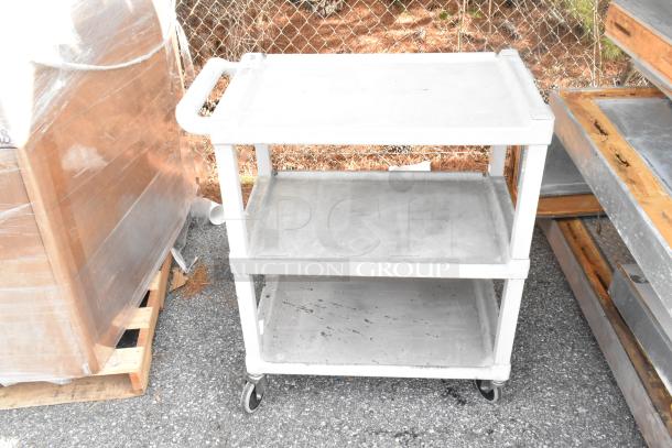 2 gray poly 3-tier carts with commercial casters, moderate wear, ideal for storage or transport, durable construction.