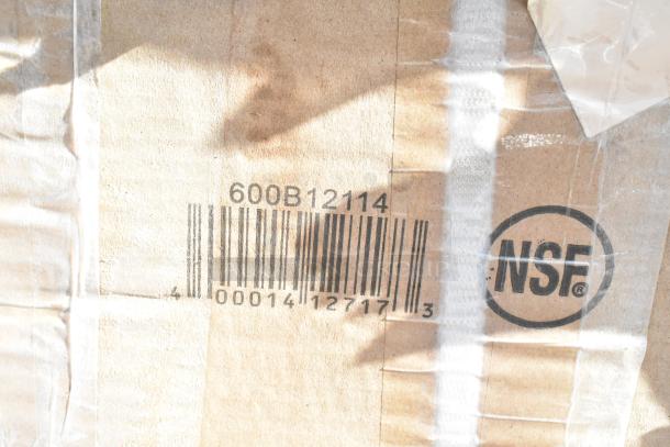 Cardboard box with barcode 600B12114 and NSF label, indicating certification. Contains 11 new scratch and dent items.